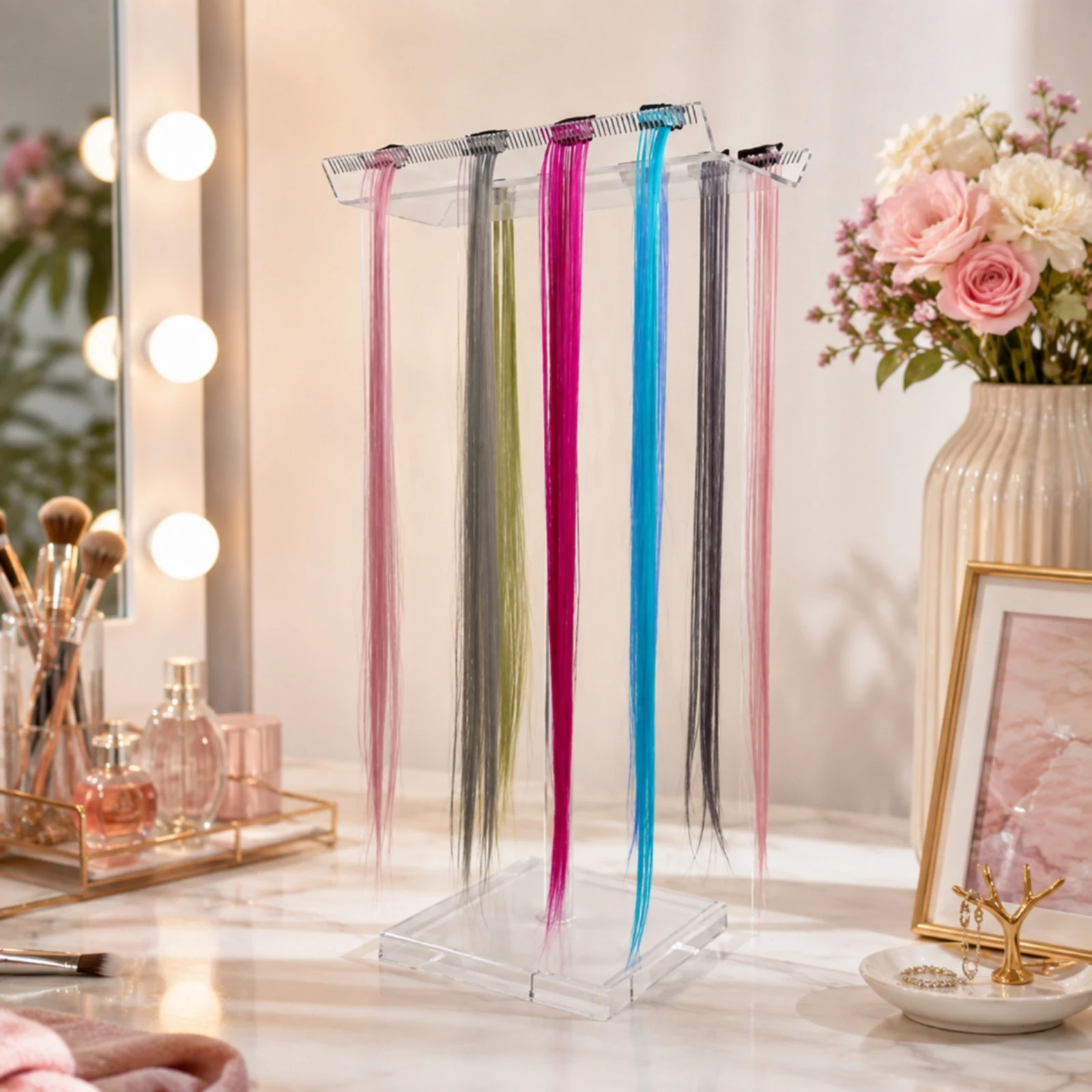 Display Stand Transparent Acrylic Hair Extension Display Stand Clear Hair Extension Rack with Slots Space-Efficient
