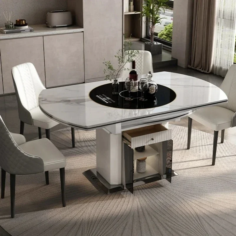 Slate dining table Small household multi-functional retractable rotating round dining table combination