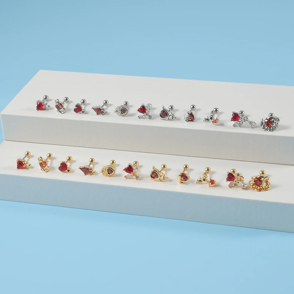 2PCS Surgical Steel Red Zircon Ear Studs Heart-Shaped Bat Evil Tragus Cartilage Screw Ball Earrings For Women Piercing Jewelry