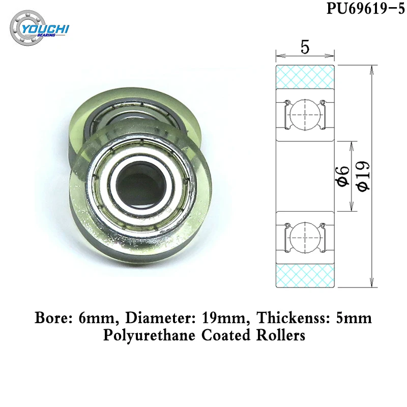 

5pcs OD 19mm PU Coated Roller With 696Z Bearing PU69619-5 6x19x5mm Polyurethane Covered Rubber Bearing Wheel 6*19*5