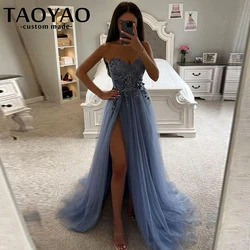 New A-Line Sleeveless Sweetheart Evening Dresses Vintage Party Dresses High Side Split Lace Appliques Prom Gowns Robe De Soirée