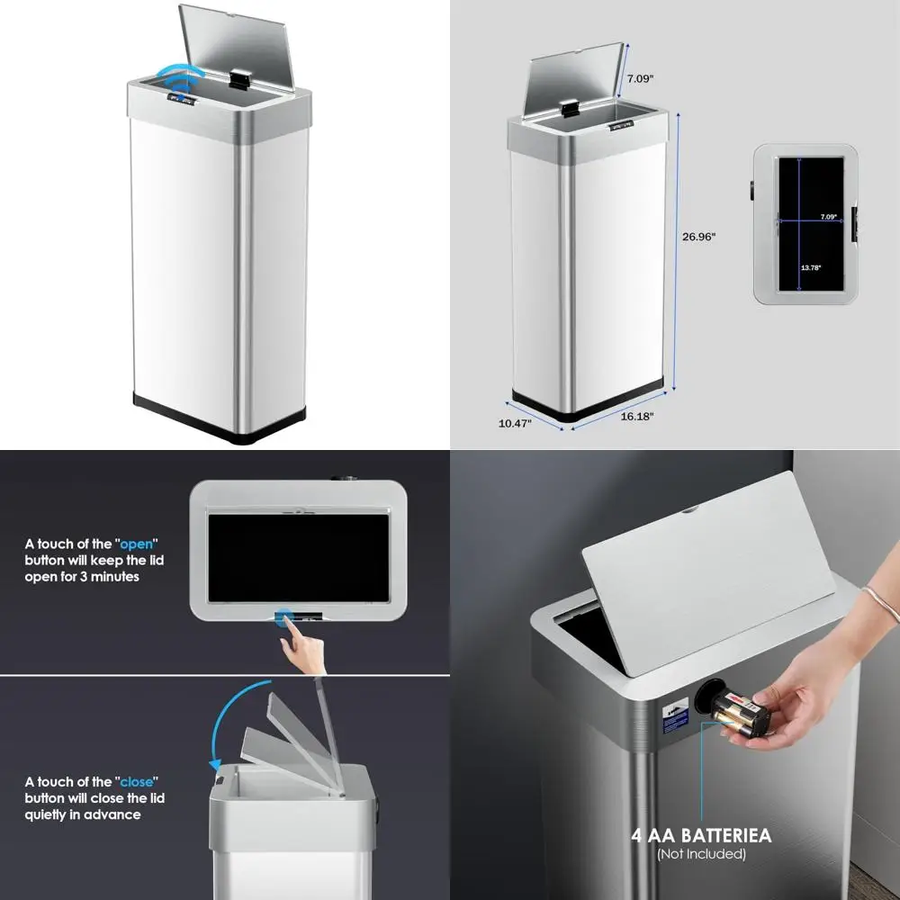 

Touchless Automatic 16 Gallon Trash Can with Motion Sensor, Stainless Steel Smart Bin, Bag Holder, Soft Close Lid, Large Capacit