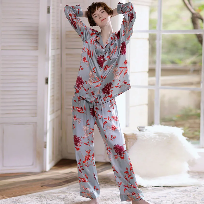 

Women's 100% Mulberry Silk Pajamas Set Floral Print 2 Piece Sleepwear Pijamas Summer Spring Loungewear Casual Pajama Homewear PJ