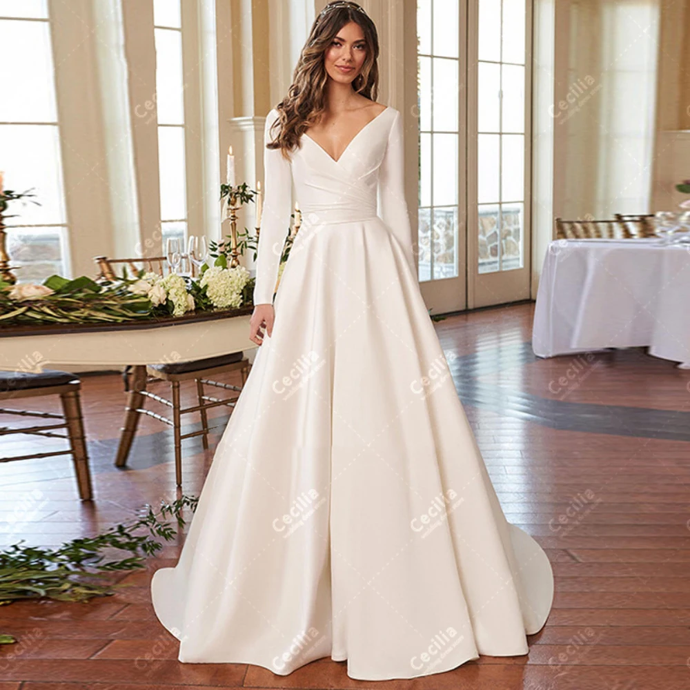 Modest Wedding Dresses Satin Bridal Gowns Full Sleeves Robes Backless Floor Length Glamorous Vestidos De Novia Customized 2025