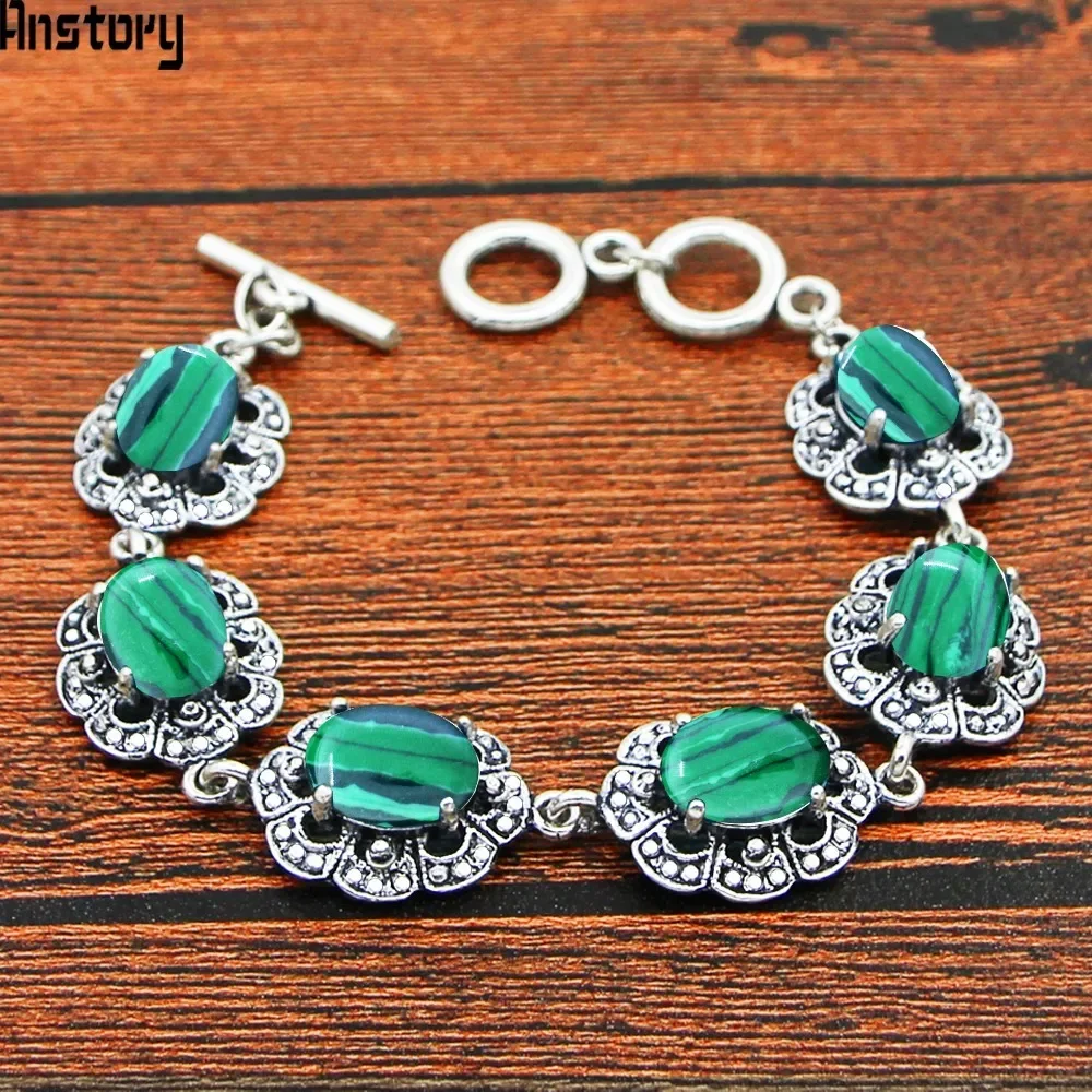 Oval Malachite Stone Crystal Vintage Look Antique Silver Plated  Fashion Jewelry For Woman TB349