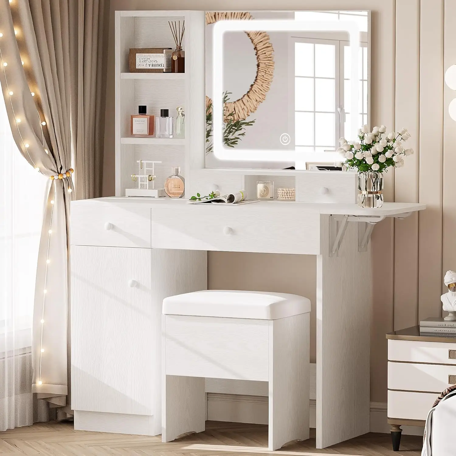 LIKIMIO Vanity Desk with Drawers & LED Lighted Mirror & Power Outlet & Cabinet, Storage Stool, Stylish Bedroom Makeup Table Set,