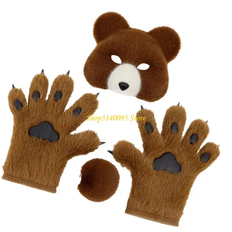 DXAE 3PCS Bären Kostüm Halloween Tier Cosplay Kostüm Bärenmaske, Schwanz, Bärenpfoten Handschuh