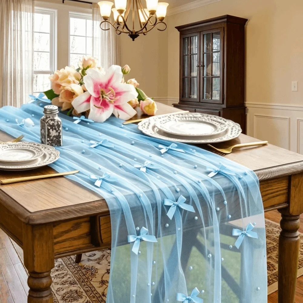 Romantic Bow Pearl Chiffon Runner Semi-Transparent Polyester Tulle Table Runner Luxury Decorative Wedding Table Runner Party