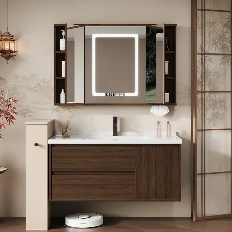 Walnut hidden folding feng shui mirror ceramic integrated bathroom bathroom cabinet wash basin wash combination