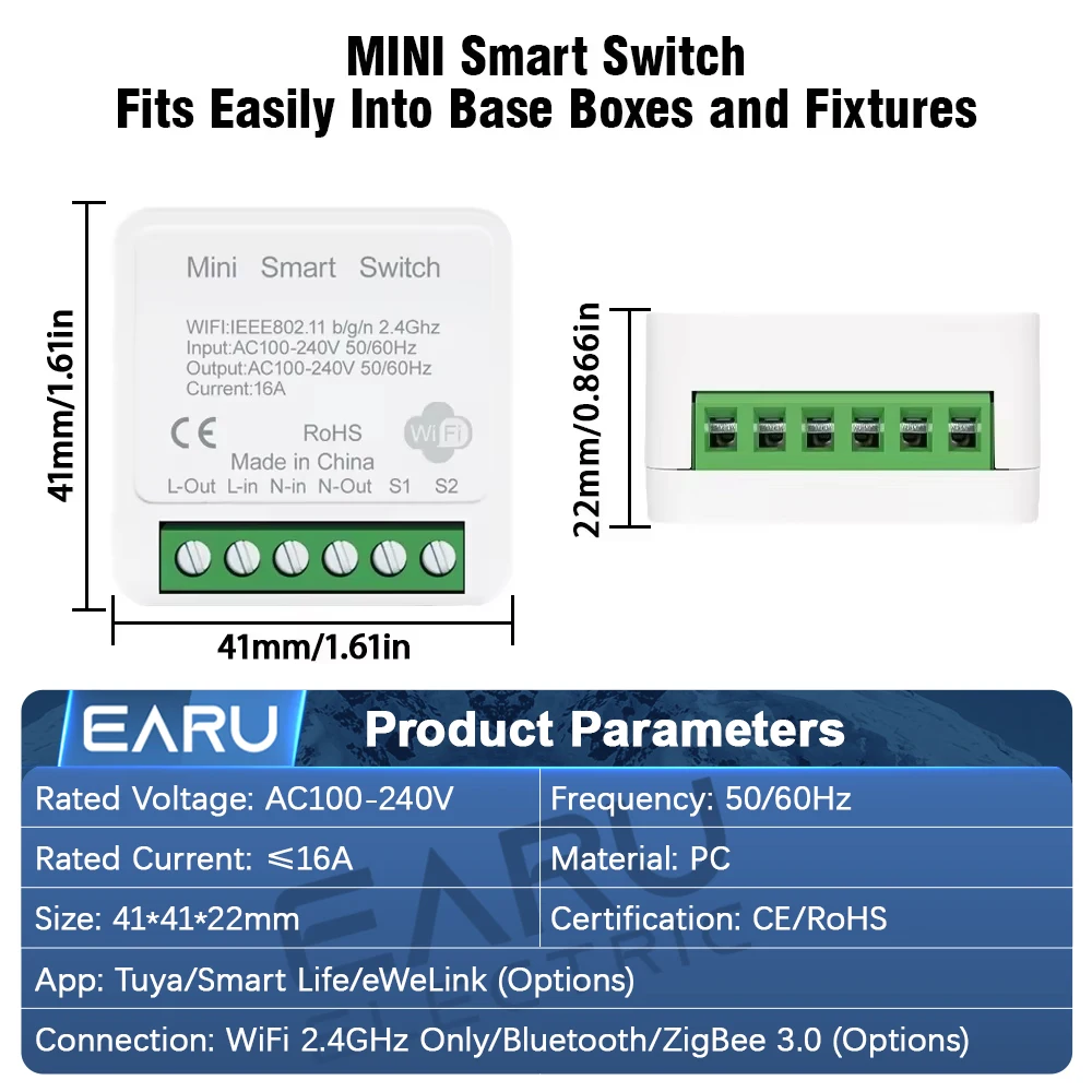Picture 3: Tuya eWeLink WiFi ZigBee 16A 2 Way DIY Mini WiFi Smart Switch Breaker Module Timer Relay Voice Wireless Remote Control for Alexa
