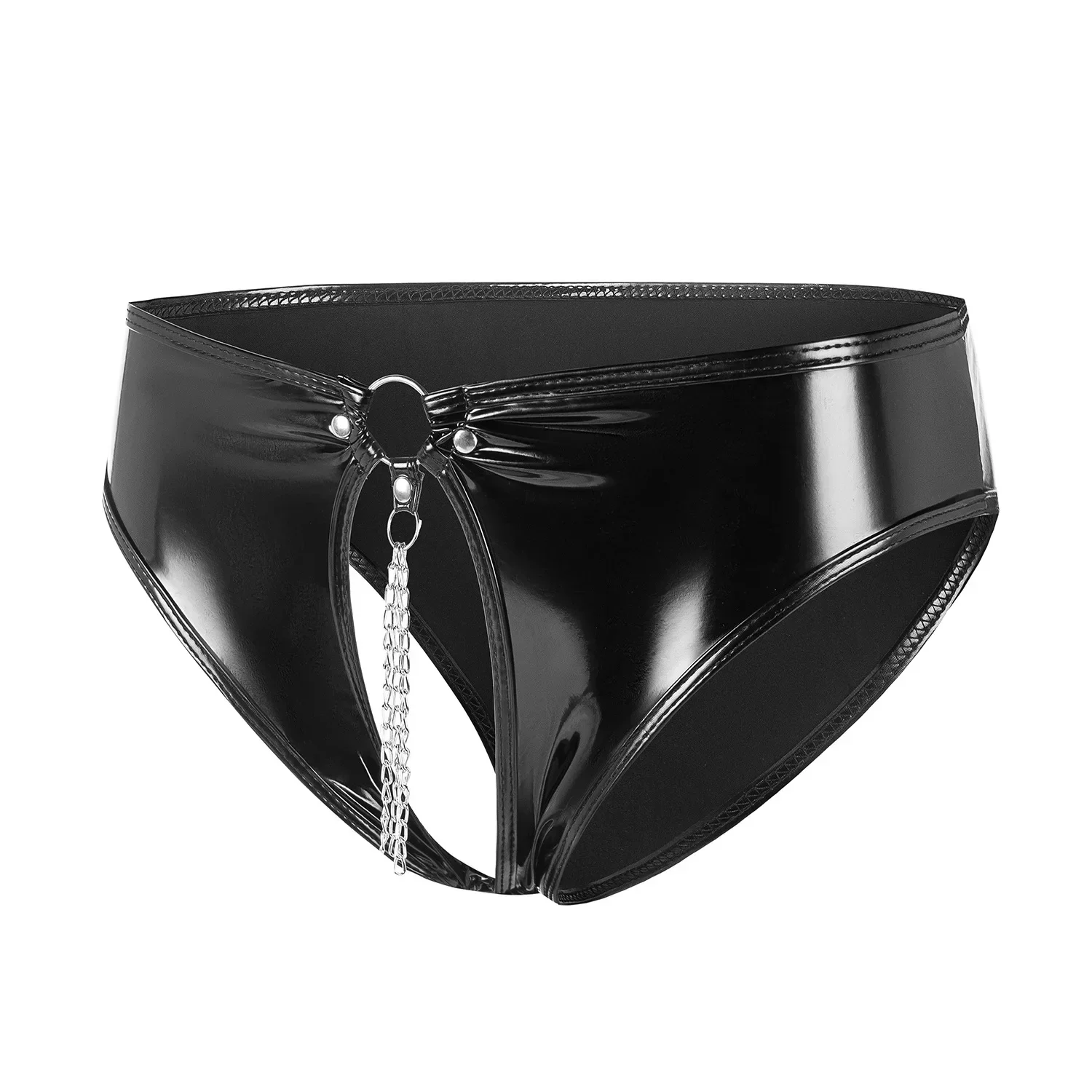 

Women's Glossy Wet Look PVC Leather Briefs Crotchless with Chain Panties Solid Color Latex Low Rise Front Open Erotic Underpants