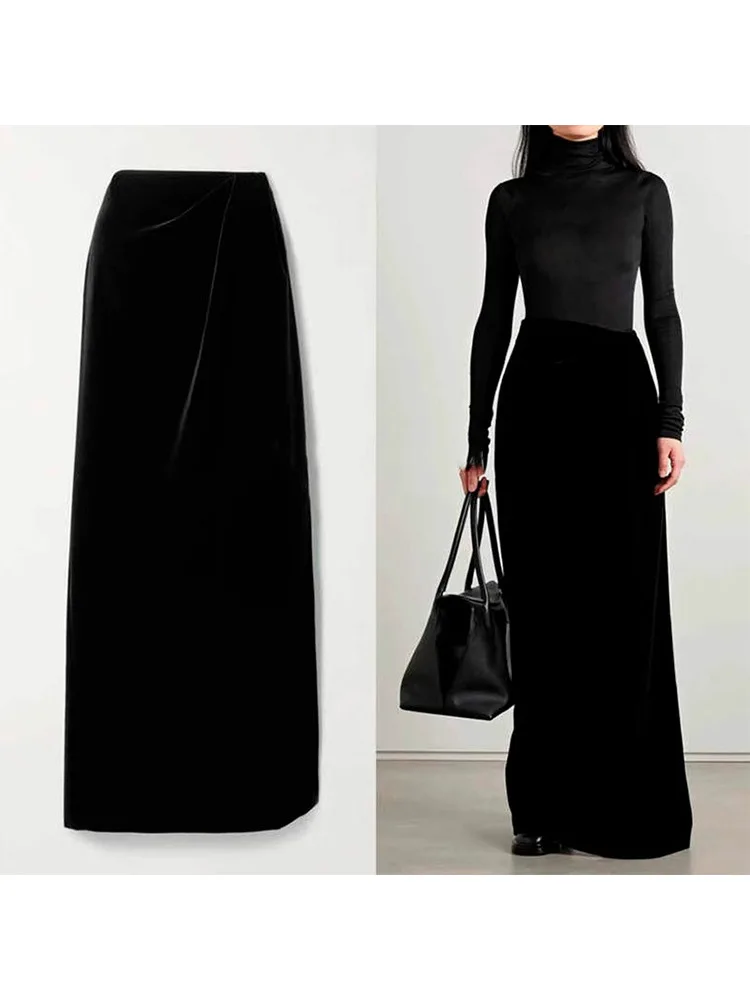 Maxdutti French Minimalist Elegant Spring High Waisted Velvet Long Half Skirt Black Slim Fit Niche Design Skirt Woman Clothing