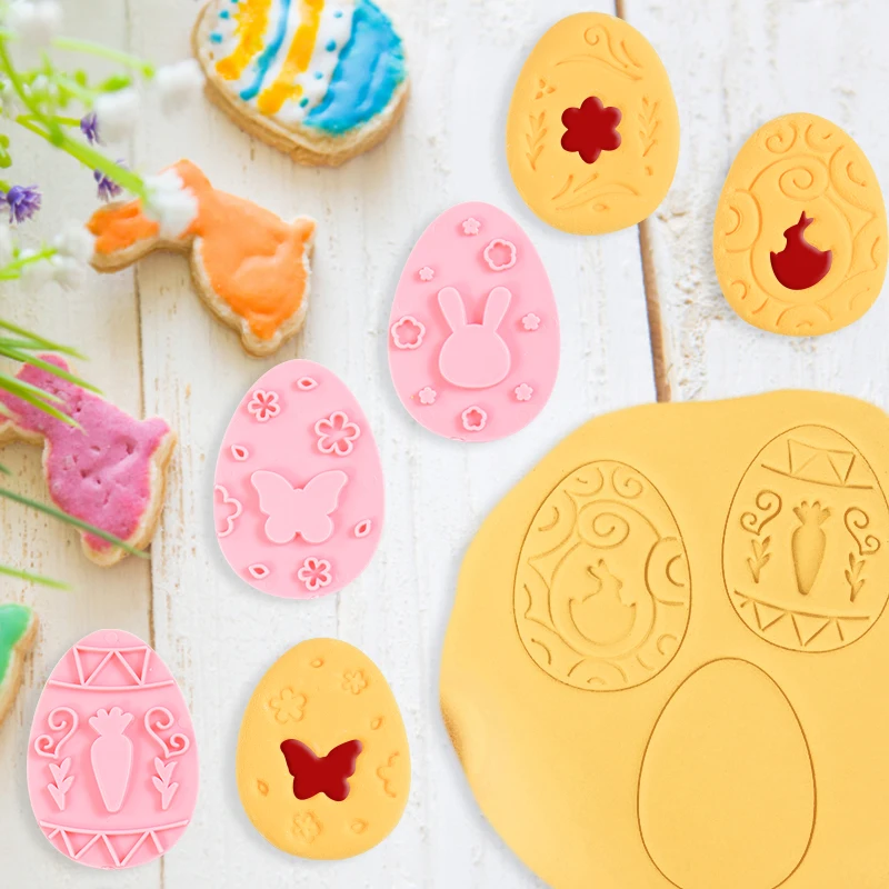 

1set Easter Egg Shaped plastic Baking Molds Bunny Chick Pattern DIY Cookie Dessert Candy Making Party Home Baking Tools