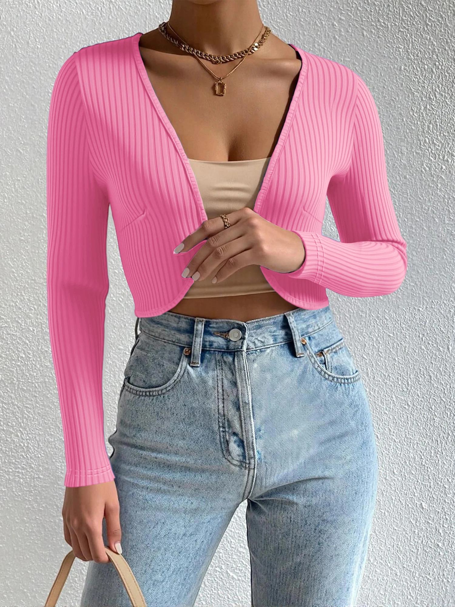 

Базовый укороченный топ в рубчик для женщин, эластичный облегающий кардиган с длинными рукавами, универсальная многослойная верхняя одежда в европейском стиле на каждый день