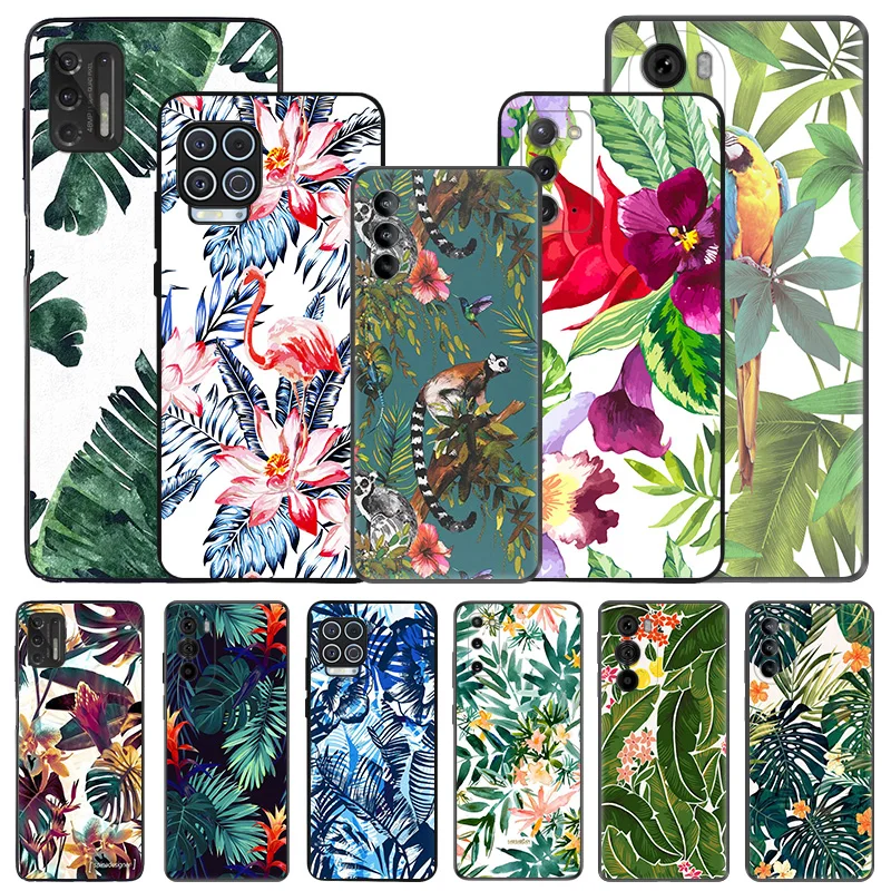 Silicone Black Phone Case for Motorola G72 G53 G73 G9 G50 G51 G60 G71 G22 G32 G52 Tropical Plant Green Leaf Edge 30 20 40 Cover