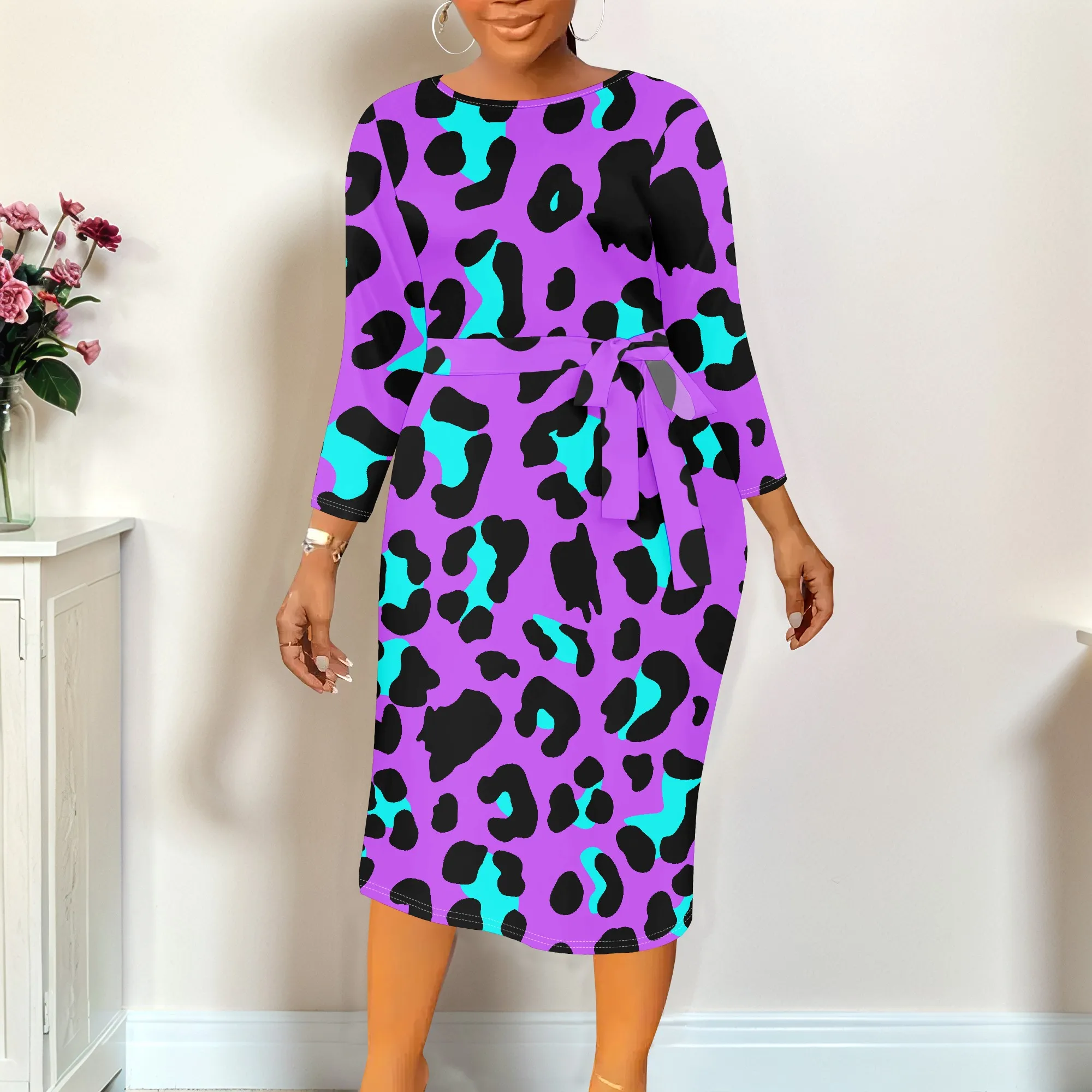 

Plus Size Leopard Print Midi Dress for Women Sexy Bodycon Round Neck Party Gown with Belt & 3/4 Sleeve XL-6XL
