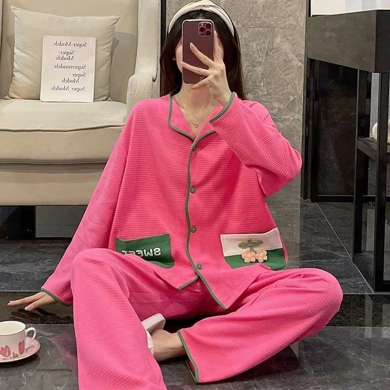 Spring and Autumn Pure Cotton Flower Waffle Sweet Casual Loungewear New Style Comfort Soft Rose Red Long Sleeve Pajamas Female