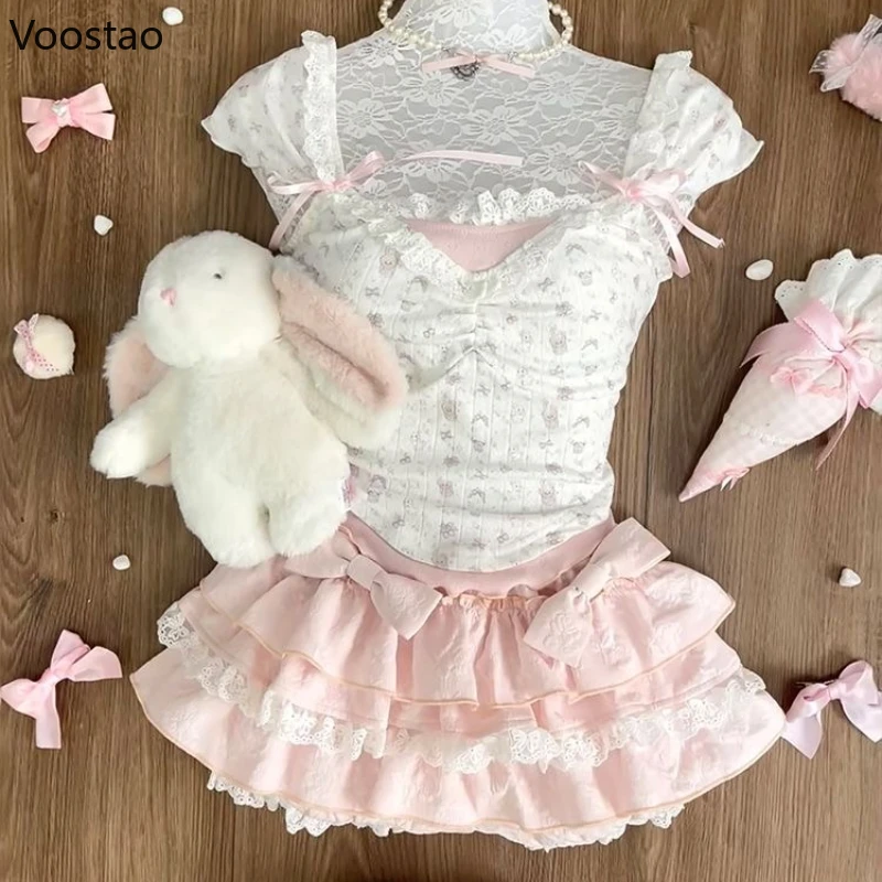 

Japanese Kawaii Lolita Style Skirt Set Women Sweet Floral Lace Blouses Tops Mini Cake Skirts Suits Girls Harajuku Y2k Outifits
