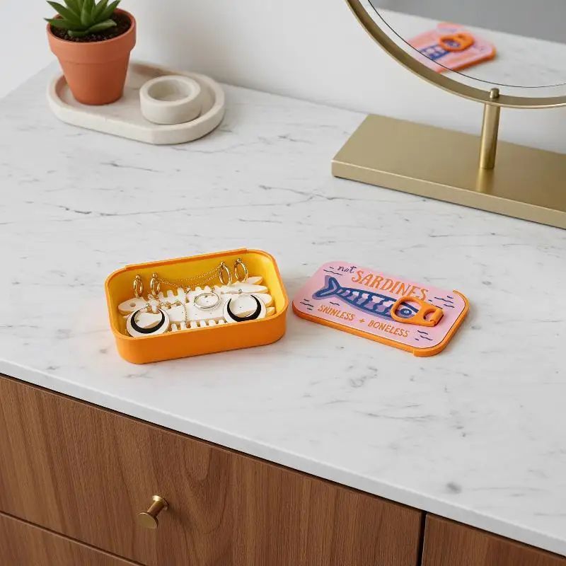 Sardine Tin Jewelry Box 3D Printed Portable Easy Open Lid Necklace Earring Holder for Short Travel Business Trip