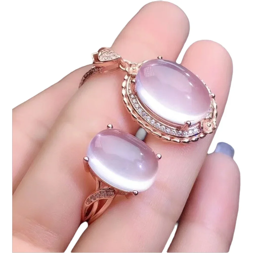 

KJJEAXCMY-925 Sterling Silver Inlaid Natural Gemstone, Rose Quartz, Female Ring, Pendant Set, Popular Support Test, Fine Jewelry