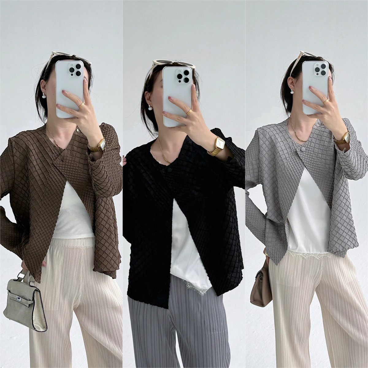 ミヤケ フォールド 新スタイル 秋冬 2025 ダイヤモンドグリッド フォールド 刺繍入り おしゃれ ゆったり ジャケット レディース アウター カーディガン トップス