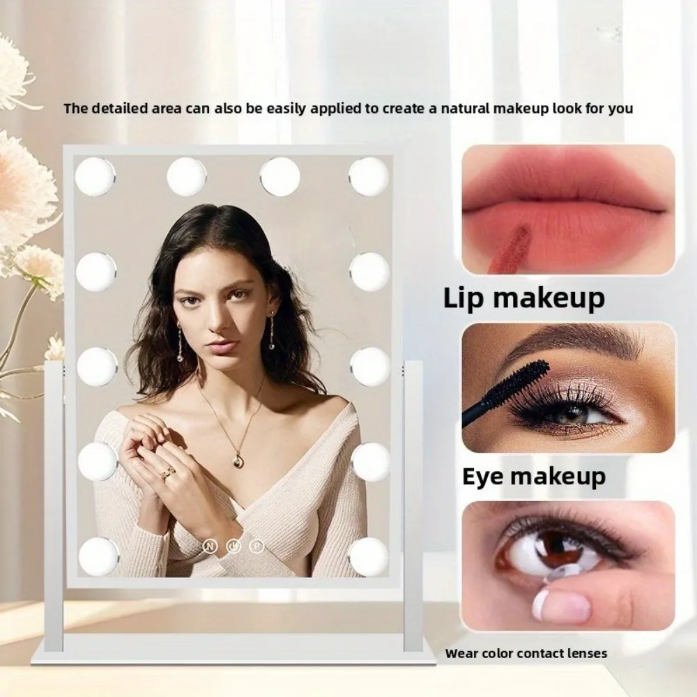 Espejo de tocador con luces Espejo de maquillaje Hollywood con 12 bombillas LED Iluminación de 3 colores 360 ° Rotación para Vestidor y Dormitorio
