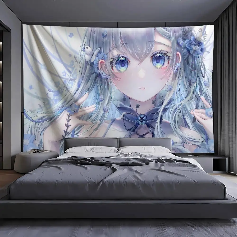 Cute Cat Ear Anime Girl Tapestry, Kawaii Virtual Character Wall Hanging, Girl Room Art Wall Cloth Bedroom Decor