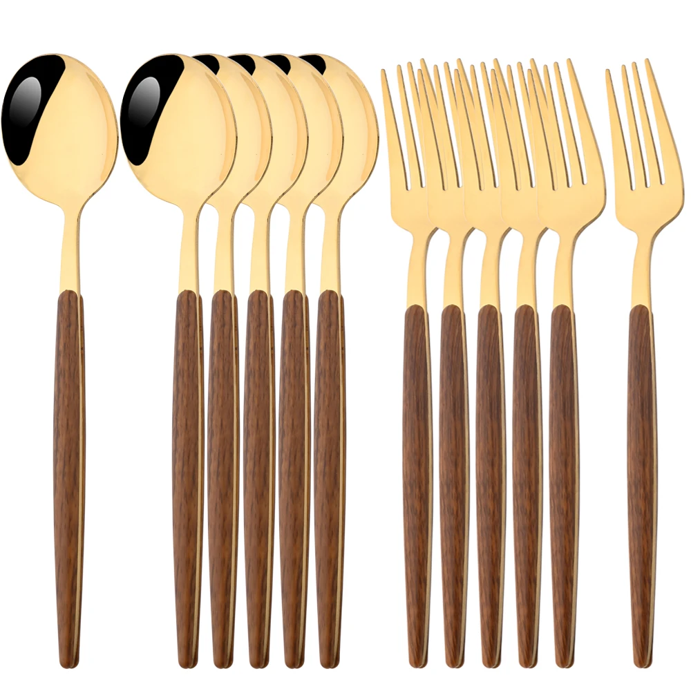 6/12Pcs Brown Gold Fork Spoon Dinnerware Set Imitation Wooden Handle Cutlery Western Tableware Stainless Steel Flatware Set