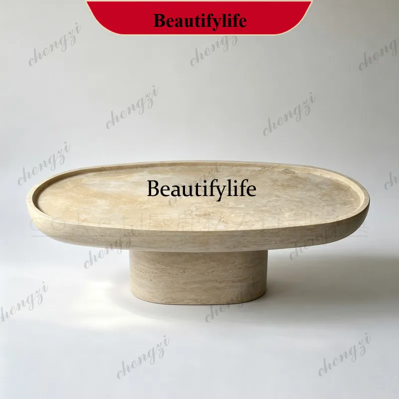 z183 Wabi Sand Wind Natural Travertine Oval Coffee Table Living Room Home Designer Premium Villa