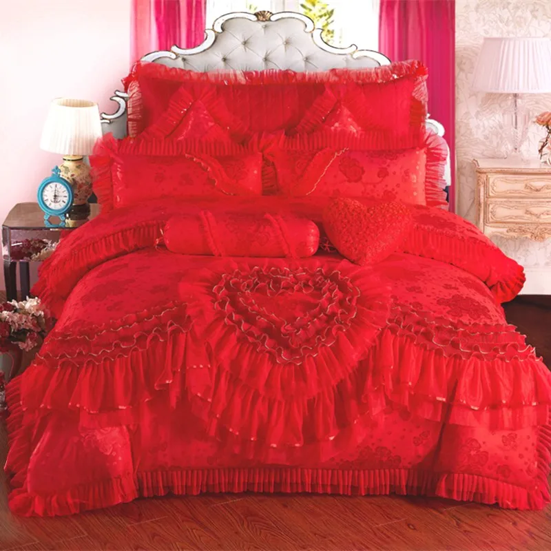 Red Jacquard Satin Bedding Set Luxury Heart-shaped Lace Princess Wedding Duvet Cover Cotton Bed Sheet Bedspread Pillowcases