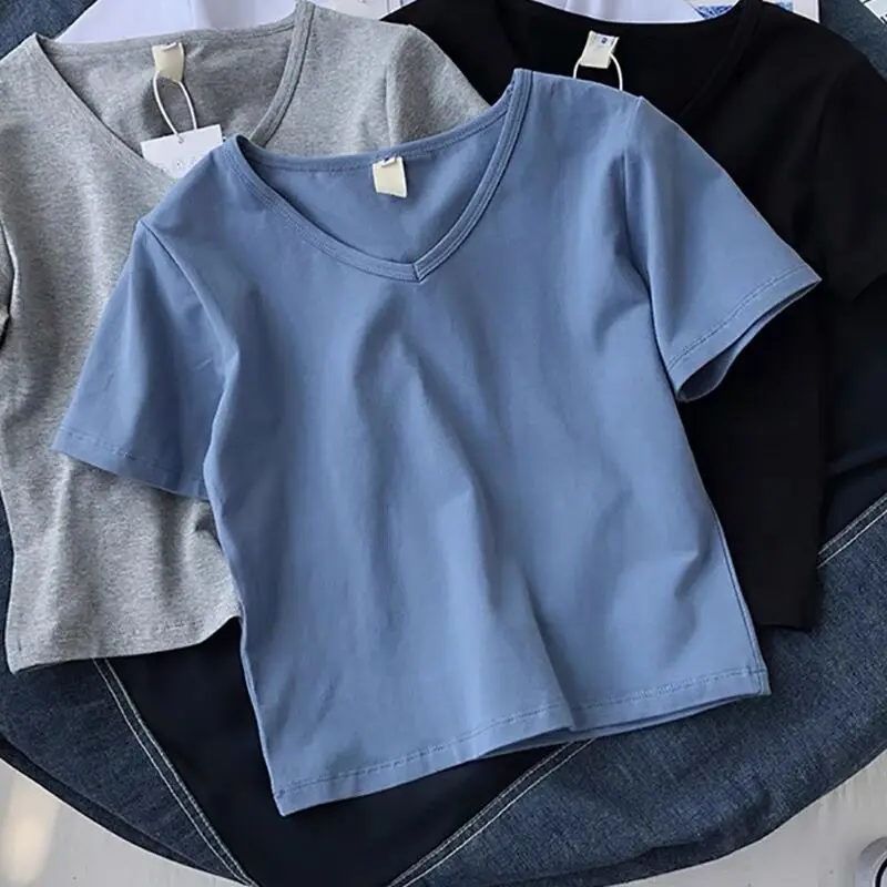 Spring Summer New V-Ne High Waist  Color ort Sve T-irt Women's Ele Design ort Versatile Top Women