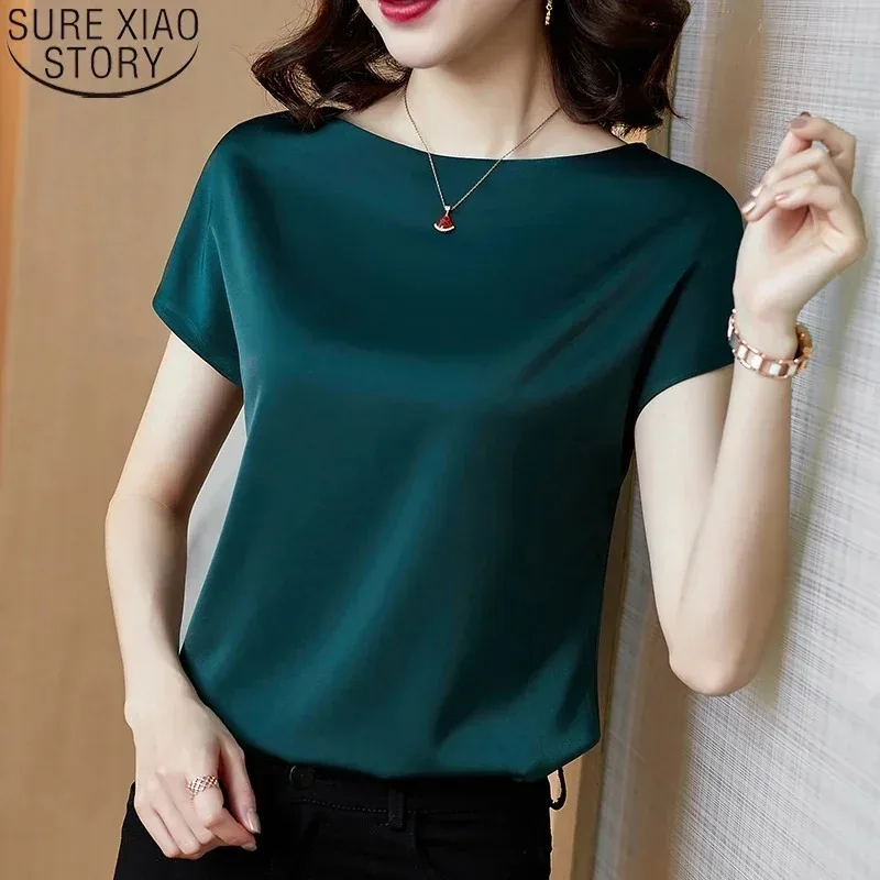 

Women's Short Sleeve Satin Blouse, Office Lady Tops, Simple Shirts, Solid Casual Loose Shirt, Summer Fashion, 13377