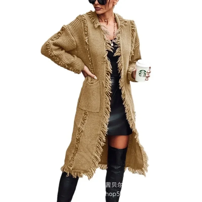 2024 Autumn Winter New Women\'s Lapel Tassel Long Knitted Coat Casual Fashion Top Coat