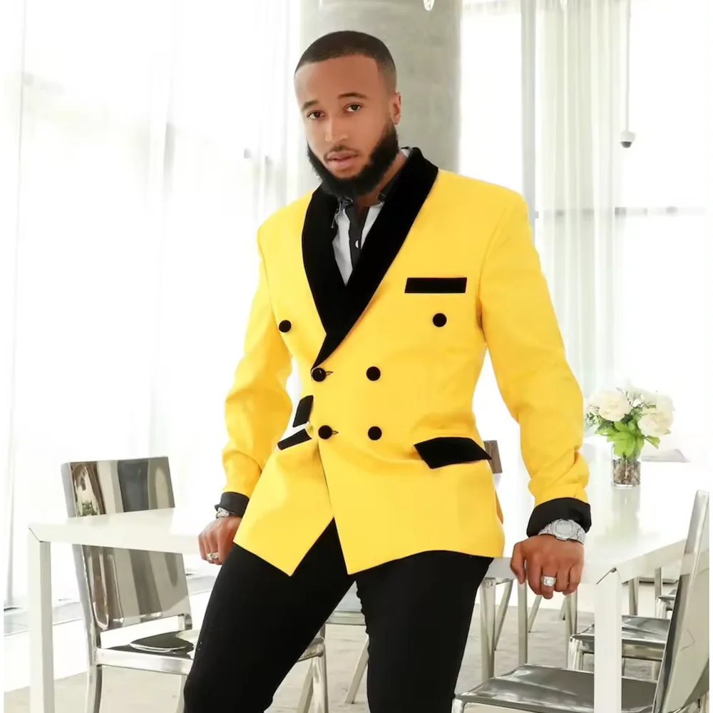 Fashion Men\'s blazer Slim Elegant Velvet Shawl Lapel Double Breasted Suit Coat Prom Party Wedding Male Jacket Only 1 Piece