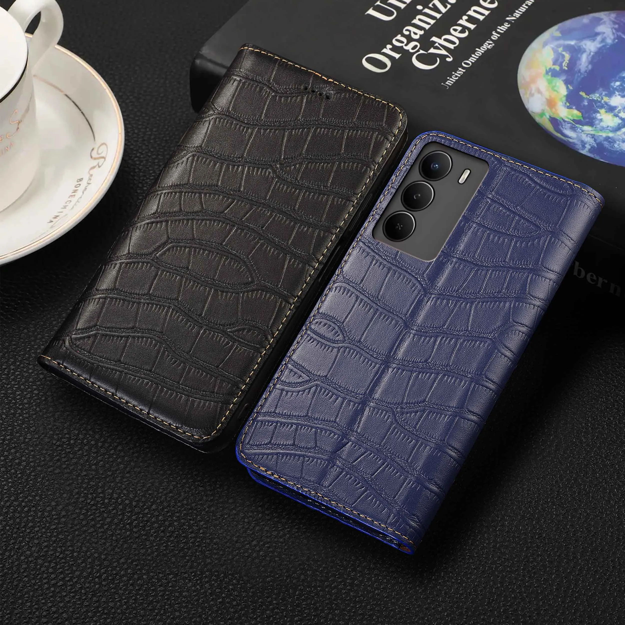 

For Realme V3 V5 V11 V13 V15 V20 V23 V23i V25 V30 V50S V60 Pro Crocodile Belly Pattern Of Genuine Leather Flip Phone Cover Case