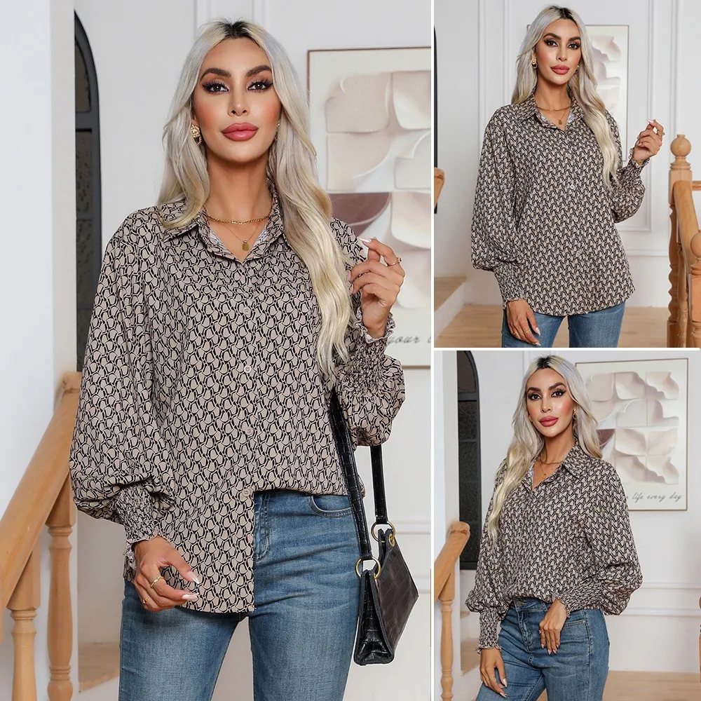 

Women's Blouse Long Sleeve Geometric Print Women's Blouses Loose Fit Button-Up Shirt Spread Collar Dress Shirt Neutral Tone