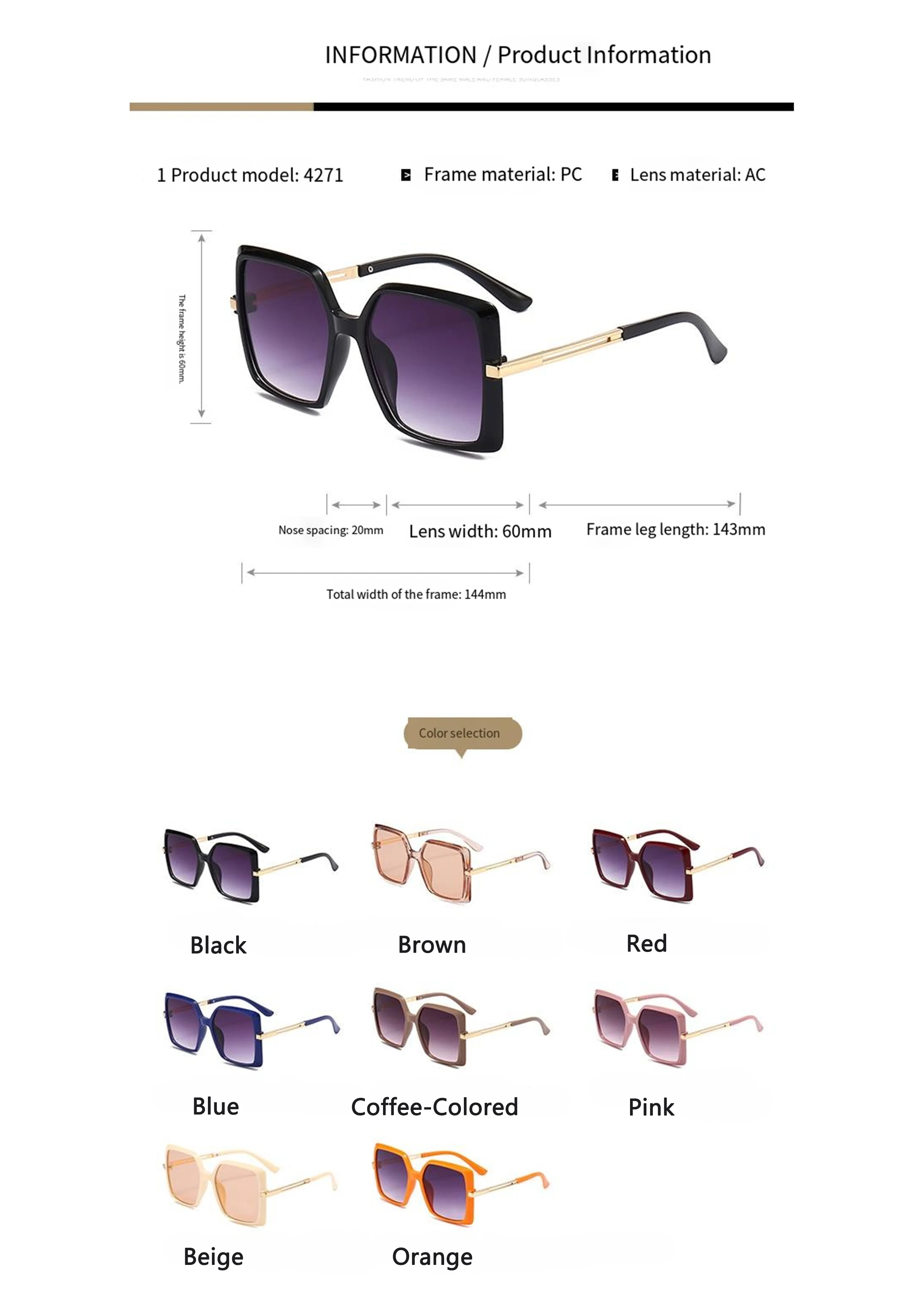 Neue klassische Retro-Sonnenbrille mit quadratischem Rahmen, stilvoll und schlankmachend, UV-schützende Damen-Sonnenbrille 4271 – Detail 7