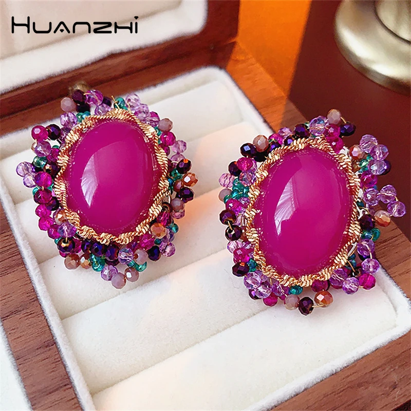 HUANZHI 2023 New Vintage Rose Red Oval Rhinestone Stud Earrings for Women Girls Charm Party Jewelry