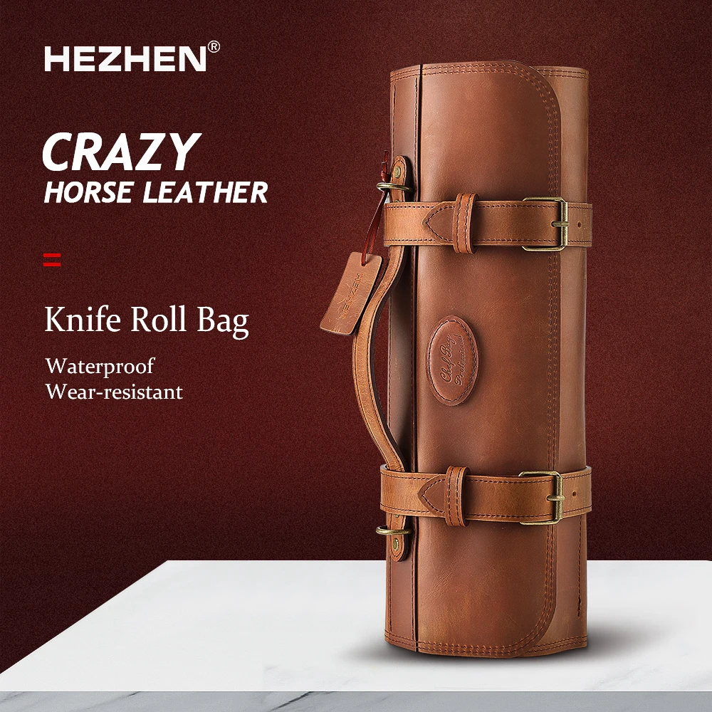 

HEZHEN Crazy Horse Leather Kitchen Knife Storage Bag Foldable Handheld Crossbody Chef's Bag Portable Kitchen Tool Roll Bag