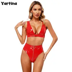 Womens Wet Look Patent Leather Sexy Lingerie Set Clubwear Bra Top Low-Cut Crop Tank Top Vest with High Waist Zipper Front Briefs