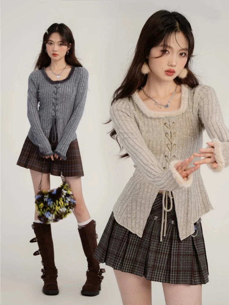 

Вязаный свитер для похудения с завязками на бретелях, женский осенне-зимний винтажный чистый корейский модный элегантный стильный топ Y2k, новинка 2024 года