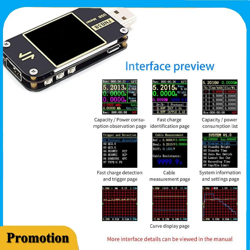 

Portable USB Power Meter Tester USB Voltage Current Meter FNB38 Multimeter For QC4+ PD3.0 2.0 Fast Charging Protocol