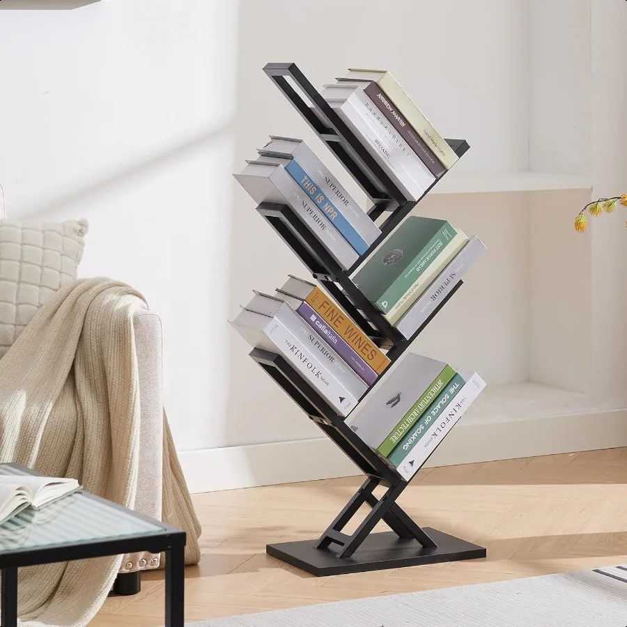 5 Tier Tree Bookshelf Floor Standing Bookshelf for Narrow Space Storage Organizer Bookshees for Books CDs Magazine Bookcase wit