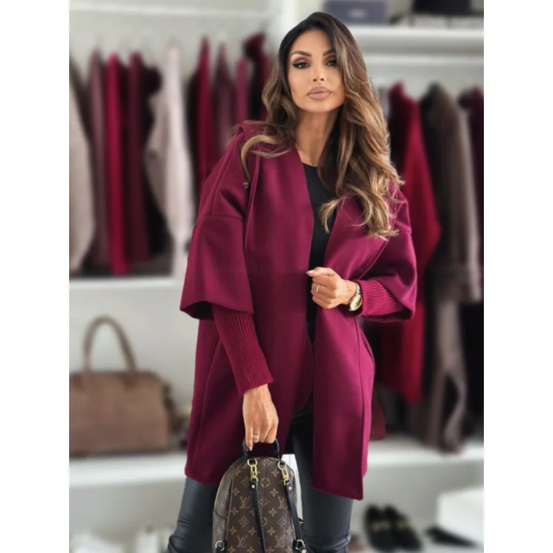 

New Women's Fashionable Pure Color Long Sleeve Coat Ladies Casual Loose Hooded Woolen Coat Stylish Outerwear