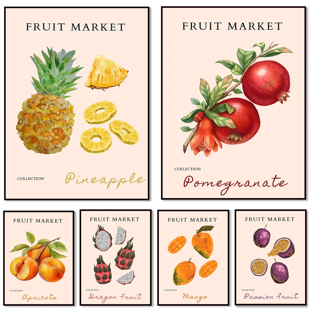 Fruit print, passion fruit, tomato, banana, mango, pineapple, avocado, blueberry, fruit market poster for kitchen decoration