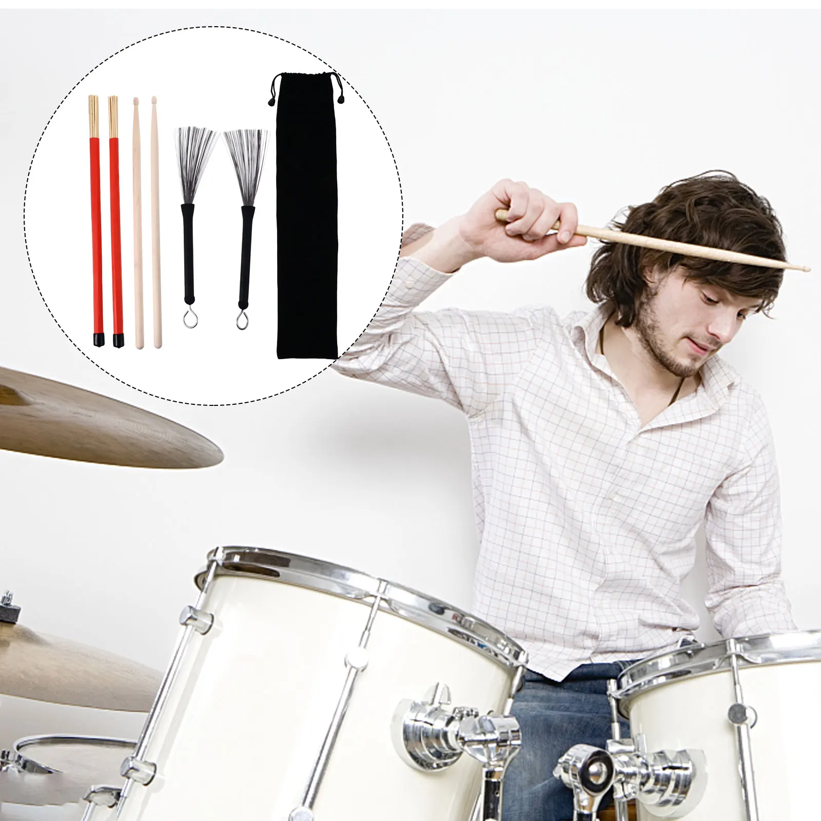 

1Set Drum Sticks Set Bamboo Brush Retractable Steel Wire Brush Professional Drum Accessory Environment Friendly Balanced Tone