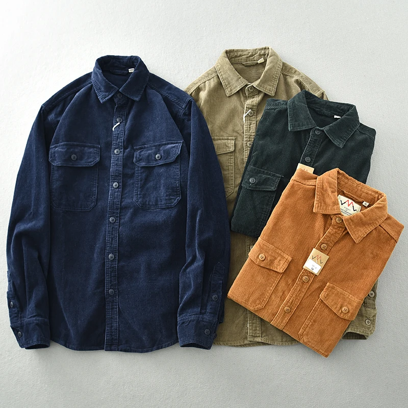 Vintage heavy May Khaki corduroy men\'s shirt long sleeve loose cargo bag casual shirt coat