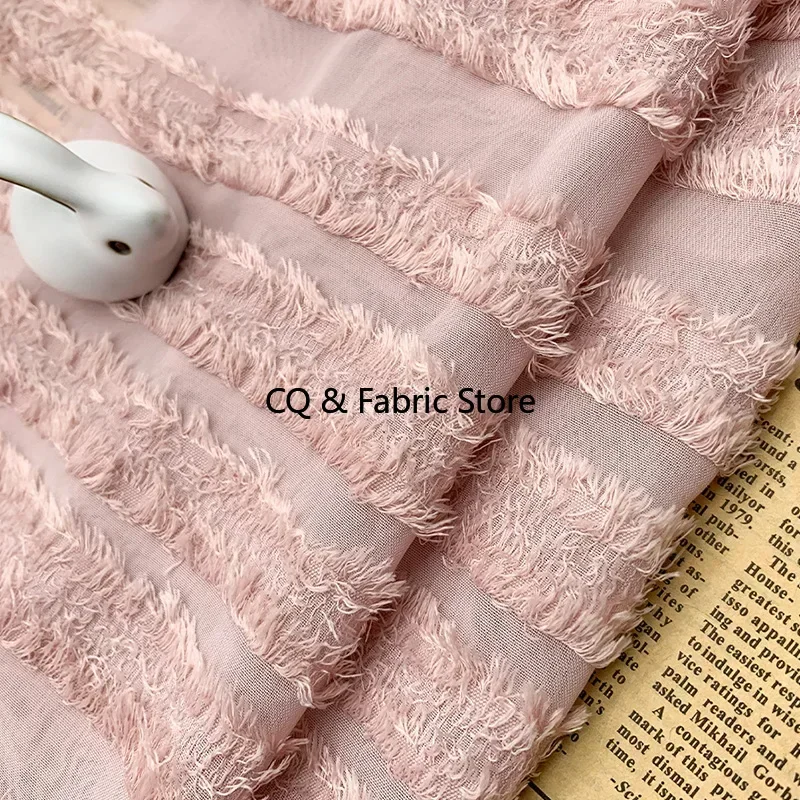Retro Chiffon Jacquard Striped Cut Flower Tassel Fabric Bilateral Tassel DIY Women's Shirt Dress Fabric Ins Style