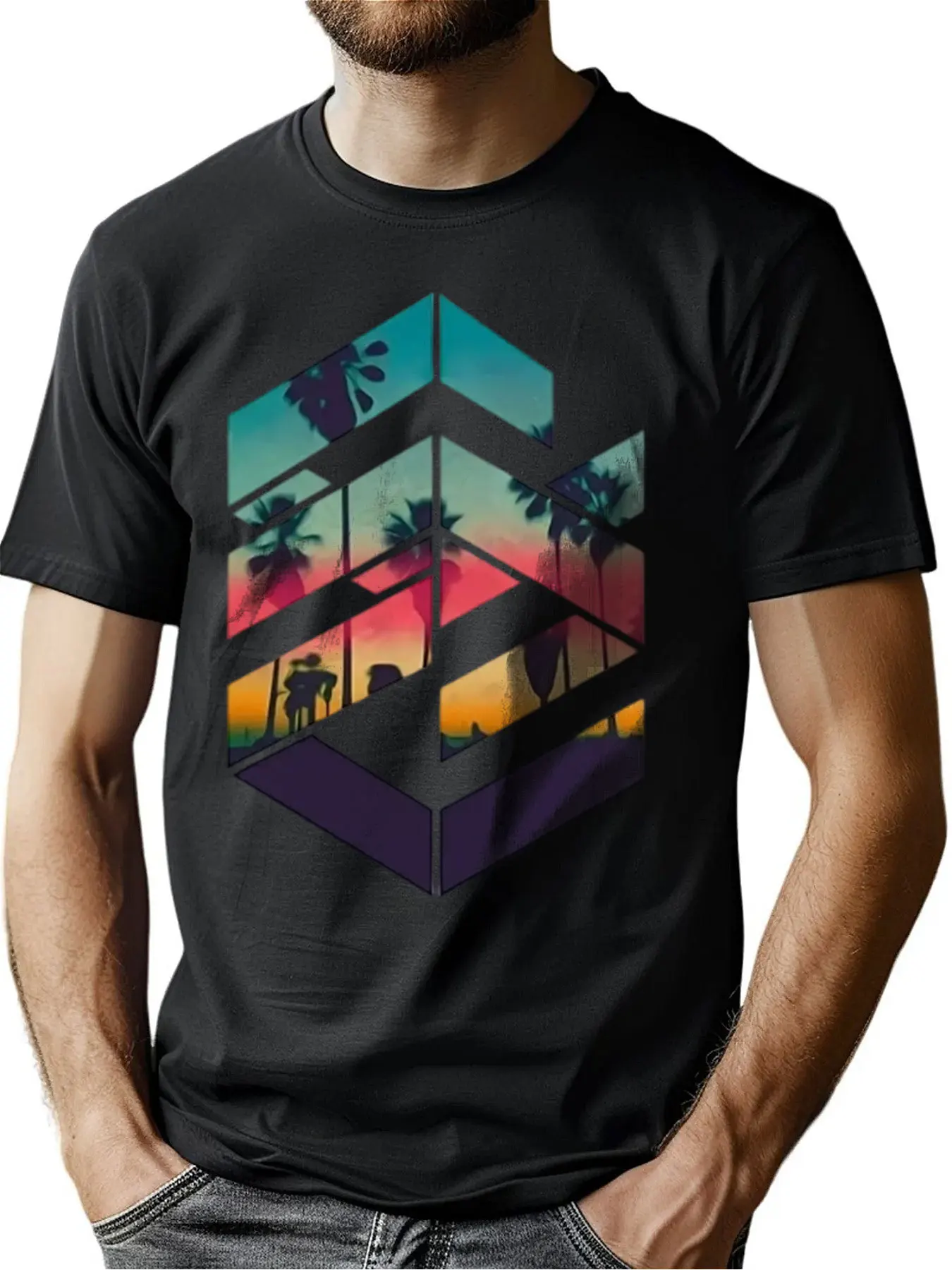 

Geometric Palm Tree Sunset Print Premium Cotton-Blend Men's Crew Neck Tee Comfort Fit All-Day Wear Quick-Dry Technology Birthday