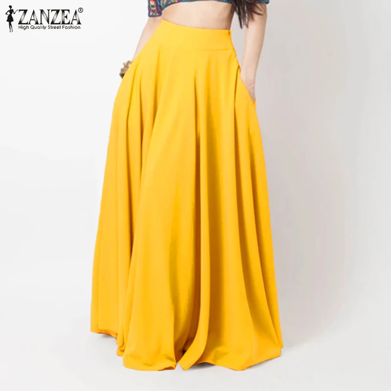 ZANZEA Women's High Waisted A-Line Swing Maxi Skirts Elastic Back Waist Street Fashion Long Skirt Casual Party Faldas Mujer